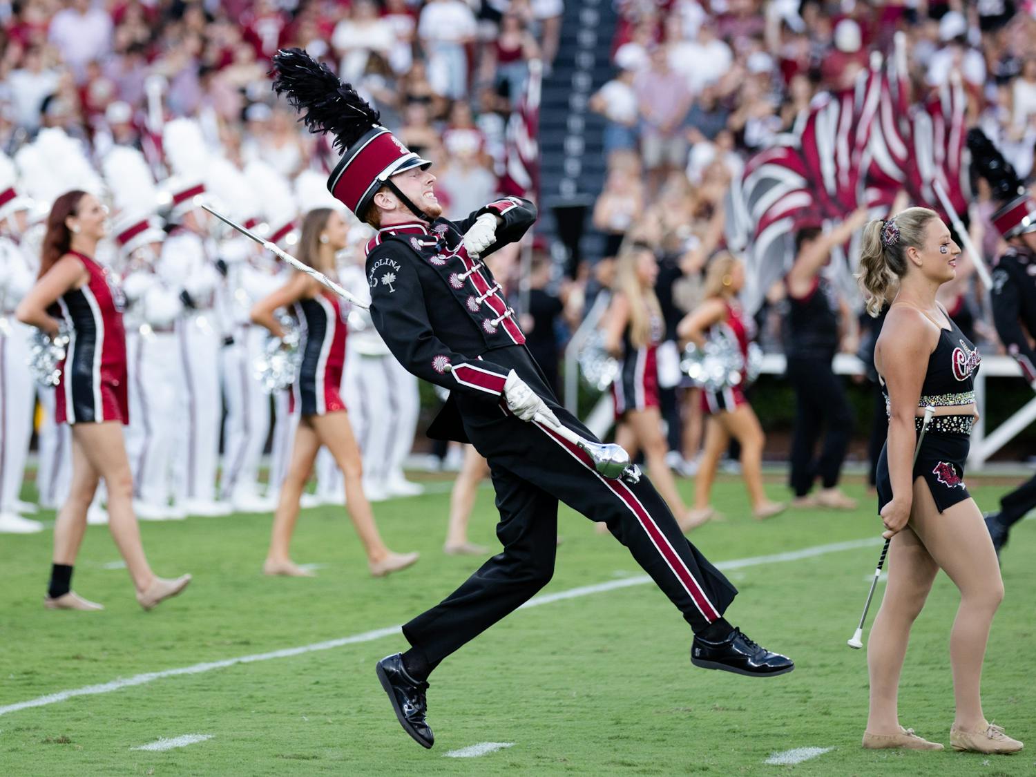 A Carolina Band drum major jumps onto the field during pre-game festivities on Sept. 3, 2022. The Gamecocks beat Georgia State 35-14.&nbsp;