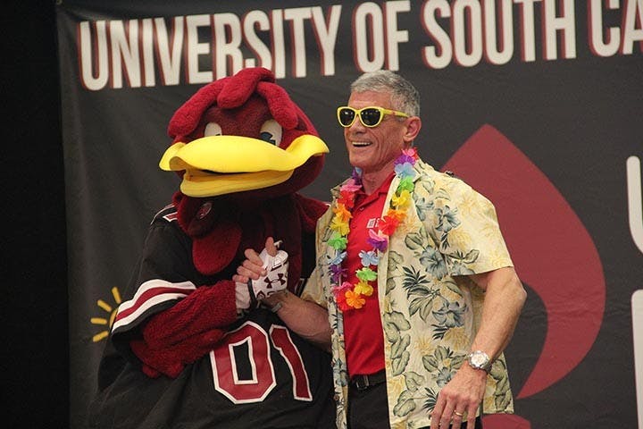 &nbsp;President Caslan and Cocky onstage at Dance Marathon on Friday, February 29th, 2020.&nbsp;