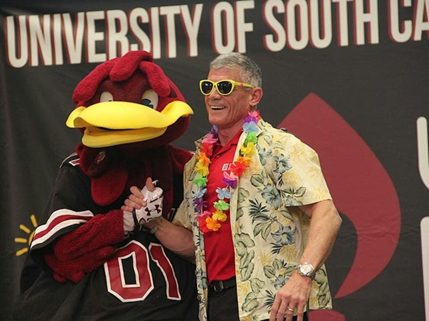 &nbsp;President Caslan and Cocky onstage at Dance Marathon on Friday, February 29th, 2020.&nbsp;