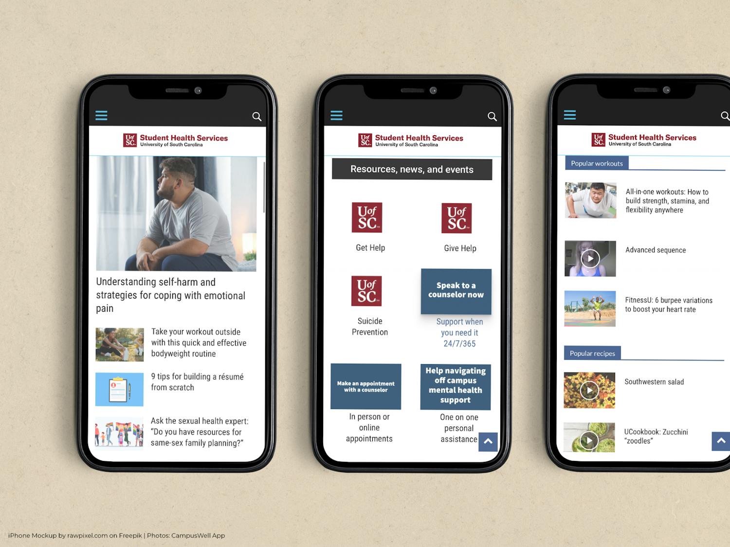 Screenshots of the University of South Carolina's CampusWell homepage on Sept. 5, 2022. The University has partnered with Christie Campus to provide additional mental health and wellness resources.