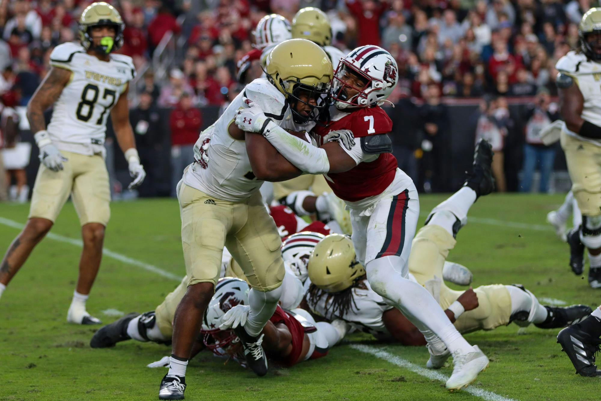 FILE — Defensive back Nick Emmanwori pushes against a Wofford player on Nov. 23, 2024, at Williams-Brice Stadium. Emmanwori was selected by the Seattle Seahawks in the 2025 NFL Draft and will play in the 2026 Super Bowl.