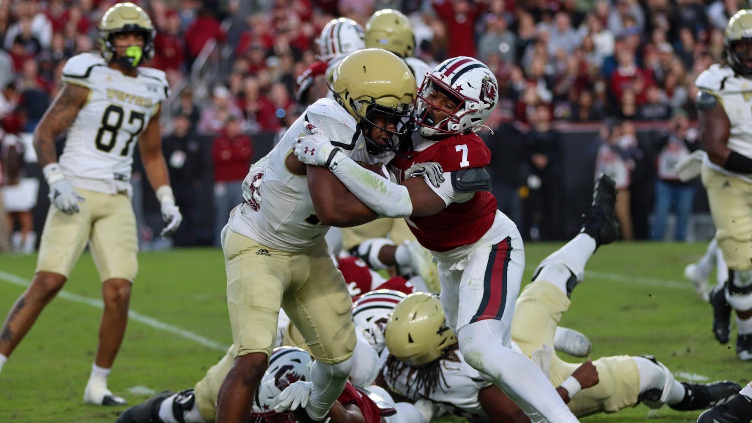 FILE — Defensive back Nick Emmanwori pushes against a Wofford player on Nov. 23, 2024, at Williams-Brice Stadium. Emmanwori was selected by the Seattle Seahawks in the 2025 NFL Draft and will play in the 2026 Super Bowl.