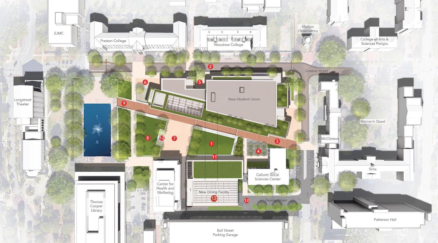 A computer-generated map of campus with the proposed new student union. The plans also include renovating the Thomson building into a dining facility.