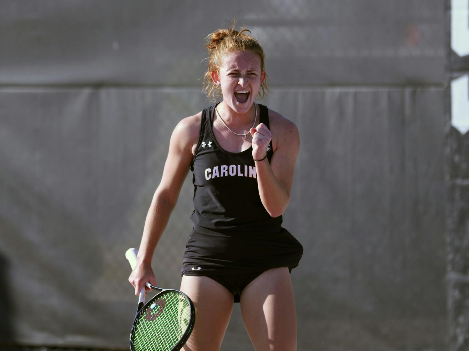 South Carolina junior Megan Davies celebrates her victory after defeating her Clemson opponent 6-3, 6-2 on Jan. 30, 2020. Overall, the Gamecocks beat Clemson 6-1.