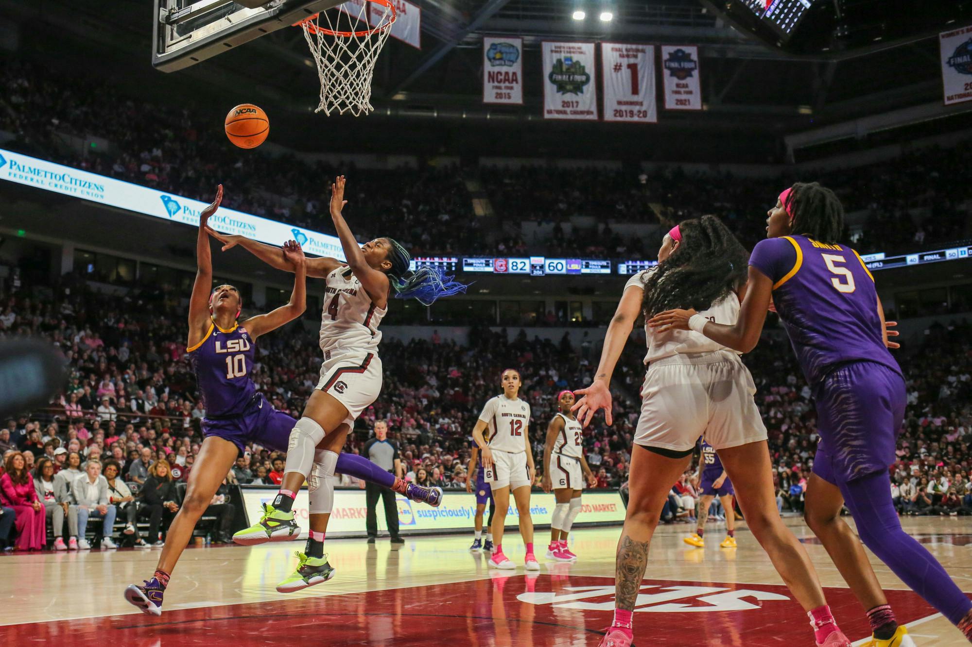 Senior forward Aliyah Boston goes for a block during South Carolina’s game against LSU at Colonial Life Arena on Feb. 12, 2023. The Gamecocks beat the Tigers 88-64.