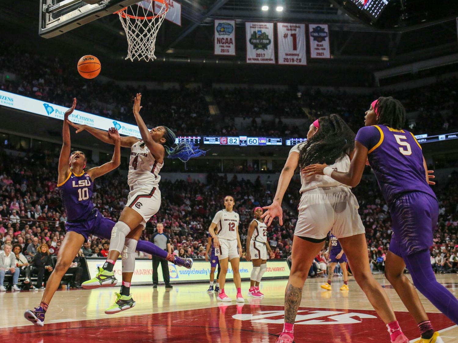 Senior forward Aliyah Boston goes for a block during South Carolina’s game against LSU at Colonial Life Arena on Feb. 12, 2023. The Gamecocks beat the Tigers 88-64.