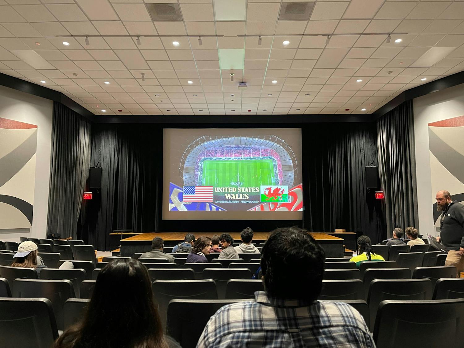 USC students gather at Russell House Theater to watch the United States’ World Cup group stage match against Wales on Nov. 21, 2022. Watch parties for World Cup matches have been organized by Carolina Productions and the Residence Hall Association.
