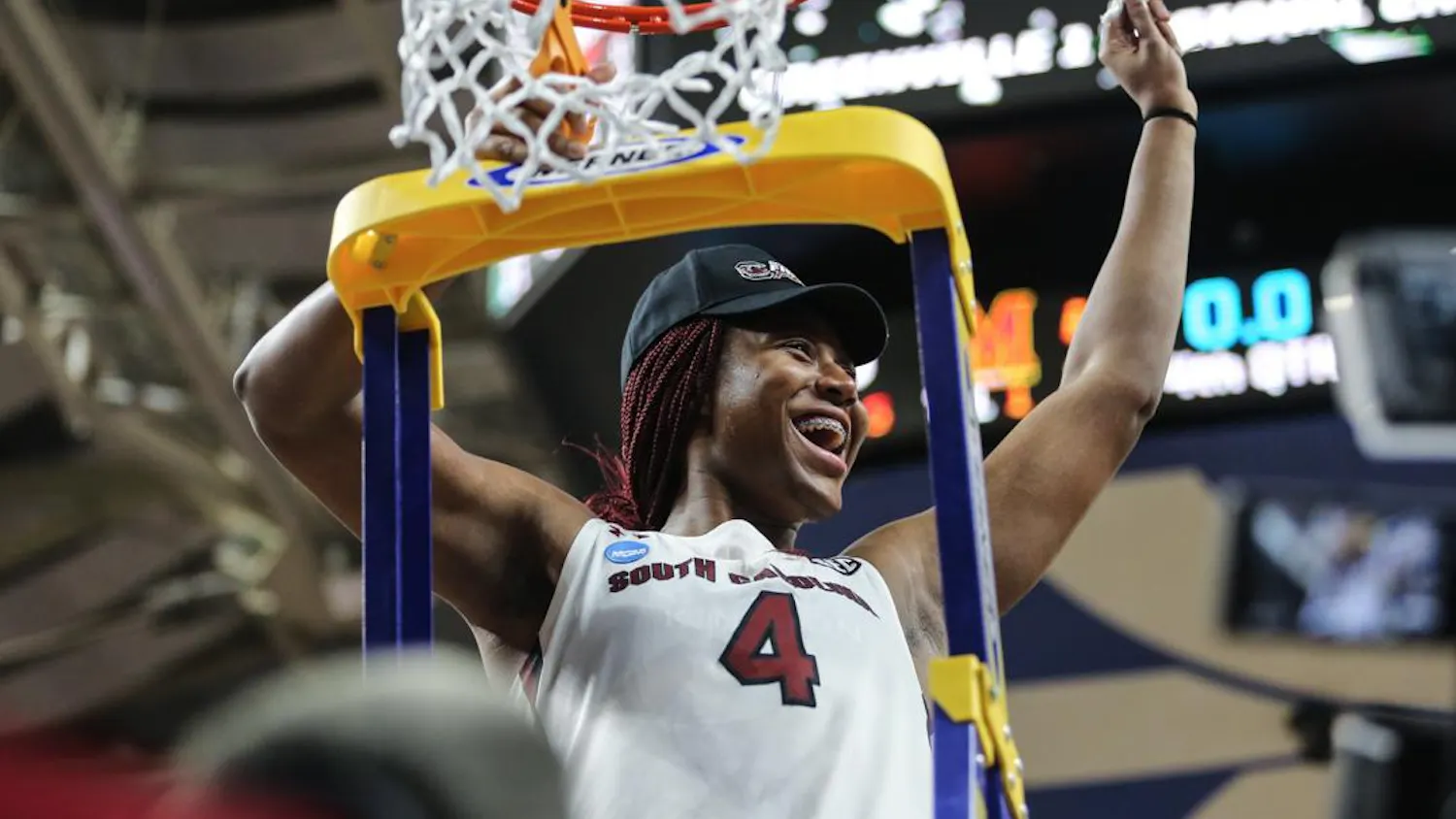 FILE — Forward Aliyah Boston celebrates the Gamecocks' win for the NCAA Elite Eight on March 27, 2023. Boston has one of the richest contracts in the WNBA with the Indiana Fever.