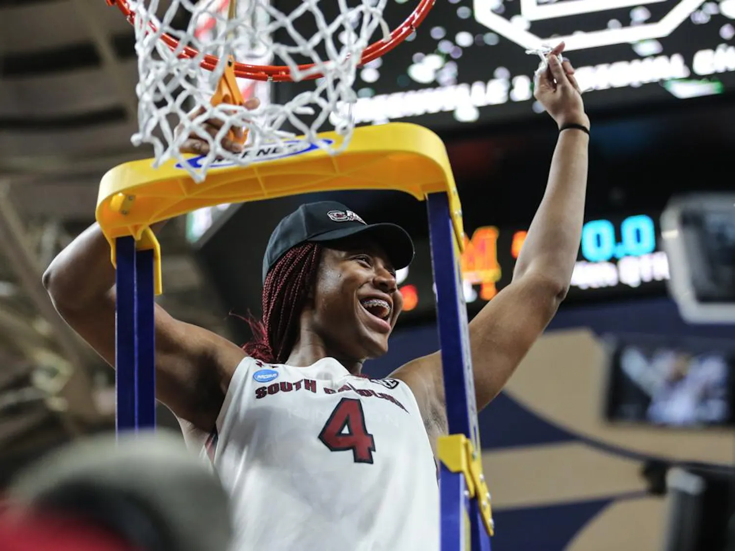 FILE — Forward Aliyah Boston celebrates the Gamecocks' win for the NCAA Elite Eight on March 27, 2023. Boston has one of the richest contracts in the WNBA with the Indiana Fever.