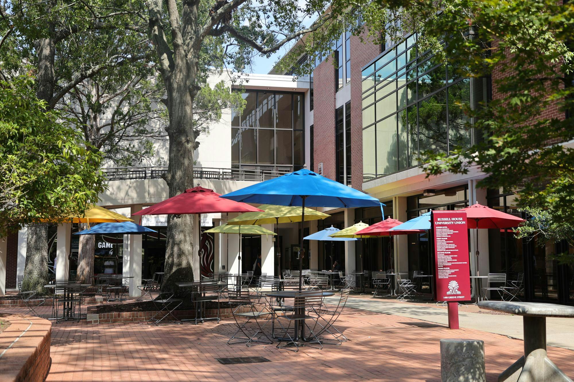 The outdoor seating area outside Russell House on Aug. 17, 2026. The university approved a major expansion of Russell House over the summer.