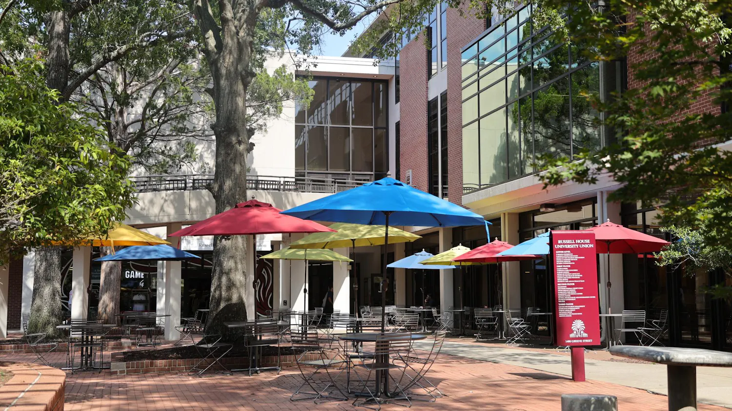 The outdoor seating area outside Russell House on Aug. 17, 2026. The university approved a major expansion of Russell House over the summer.