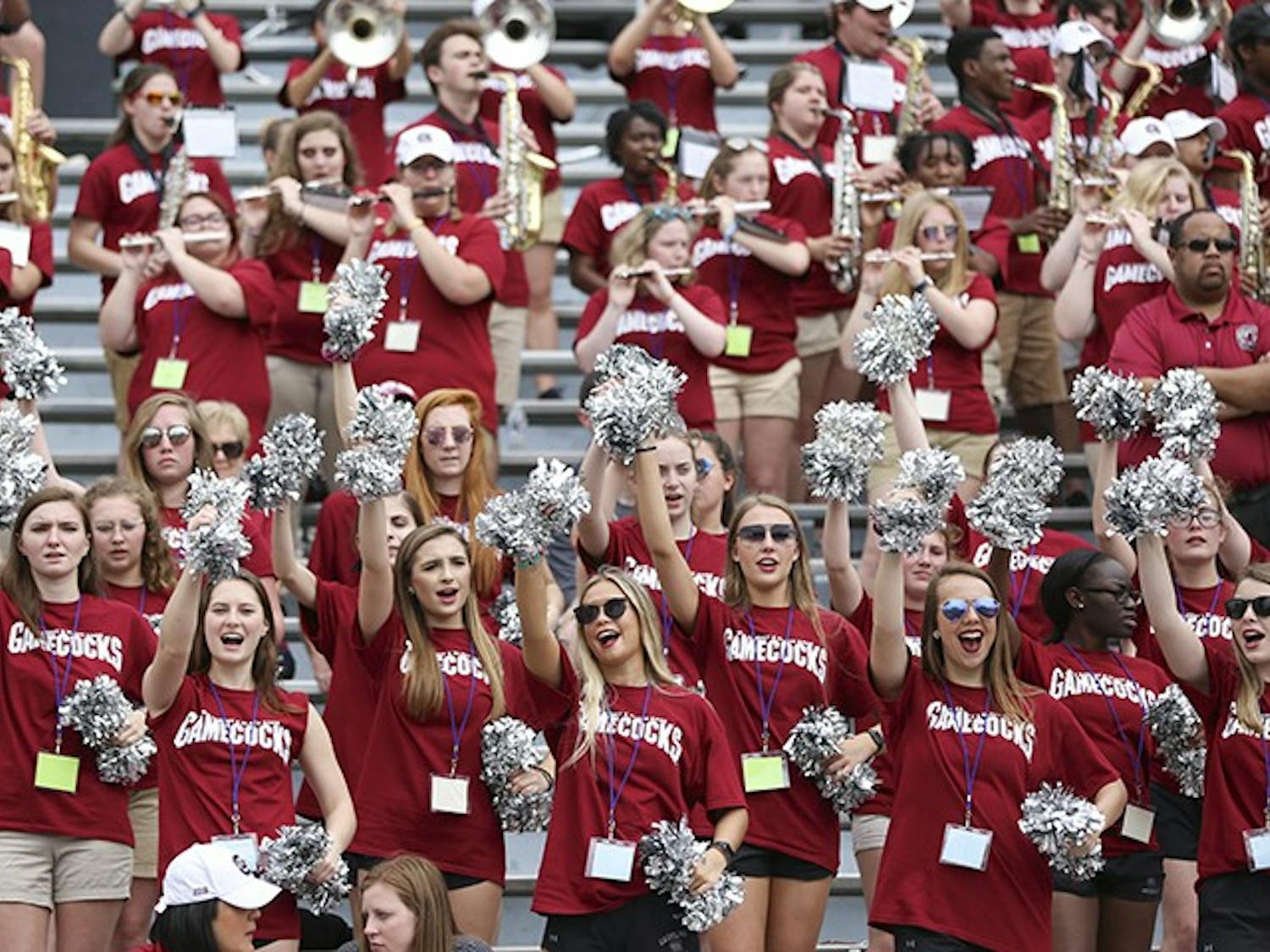 Gamecock band cheers during the spring game at Williams-Brice Stadium on Saturday.&nbsp;