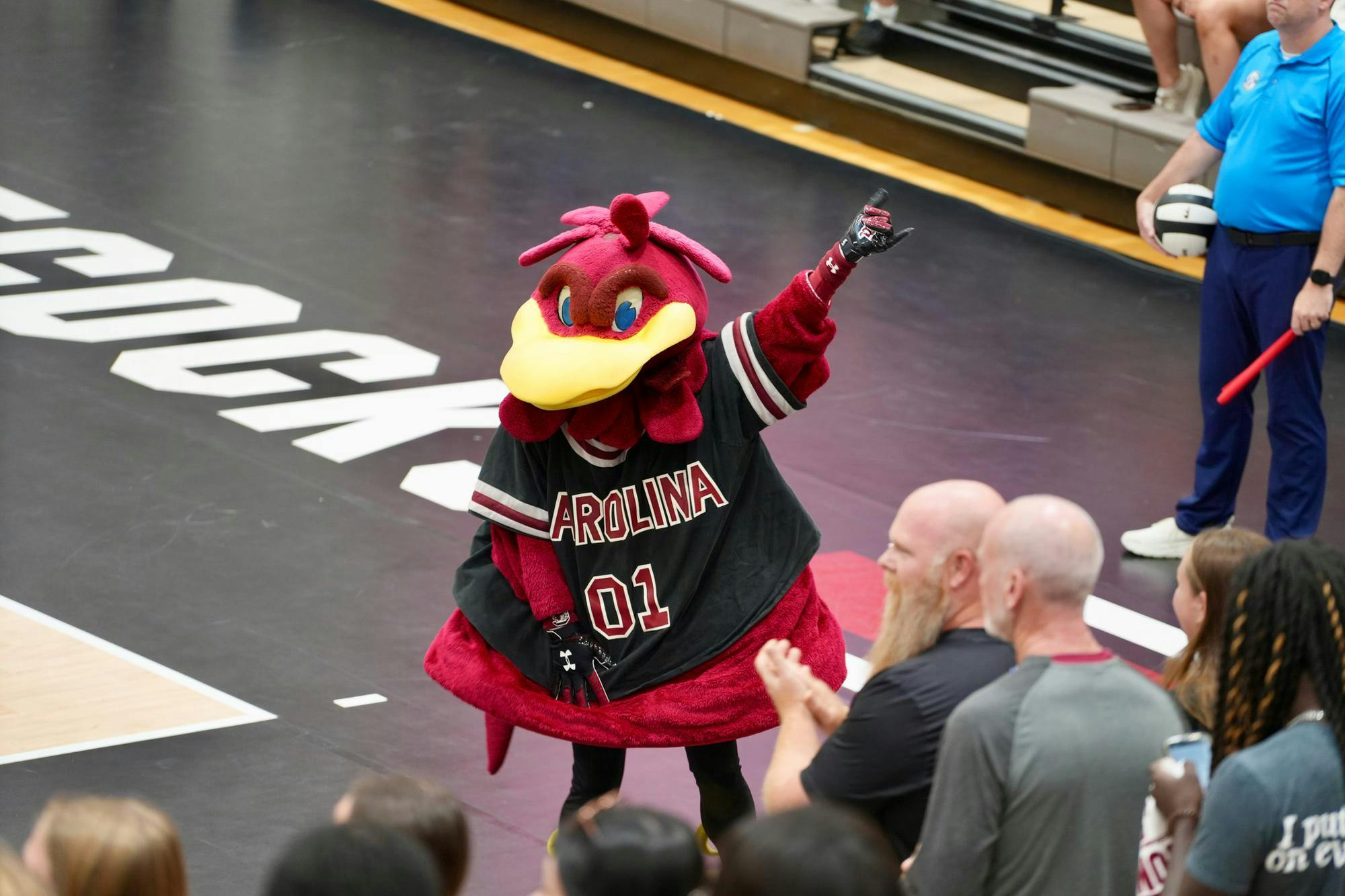 Cocky hypes up the crowd during South Carolina’s match against Alabama on Oct. 19, 2025, at the Carolina Volleyball Center. Fans cheered as the Gamecocks battled through a 3-0 loss to the Crimson Tide.