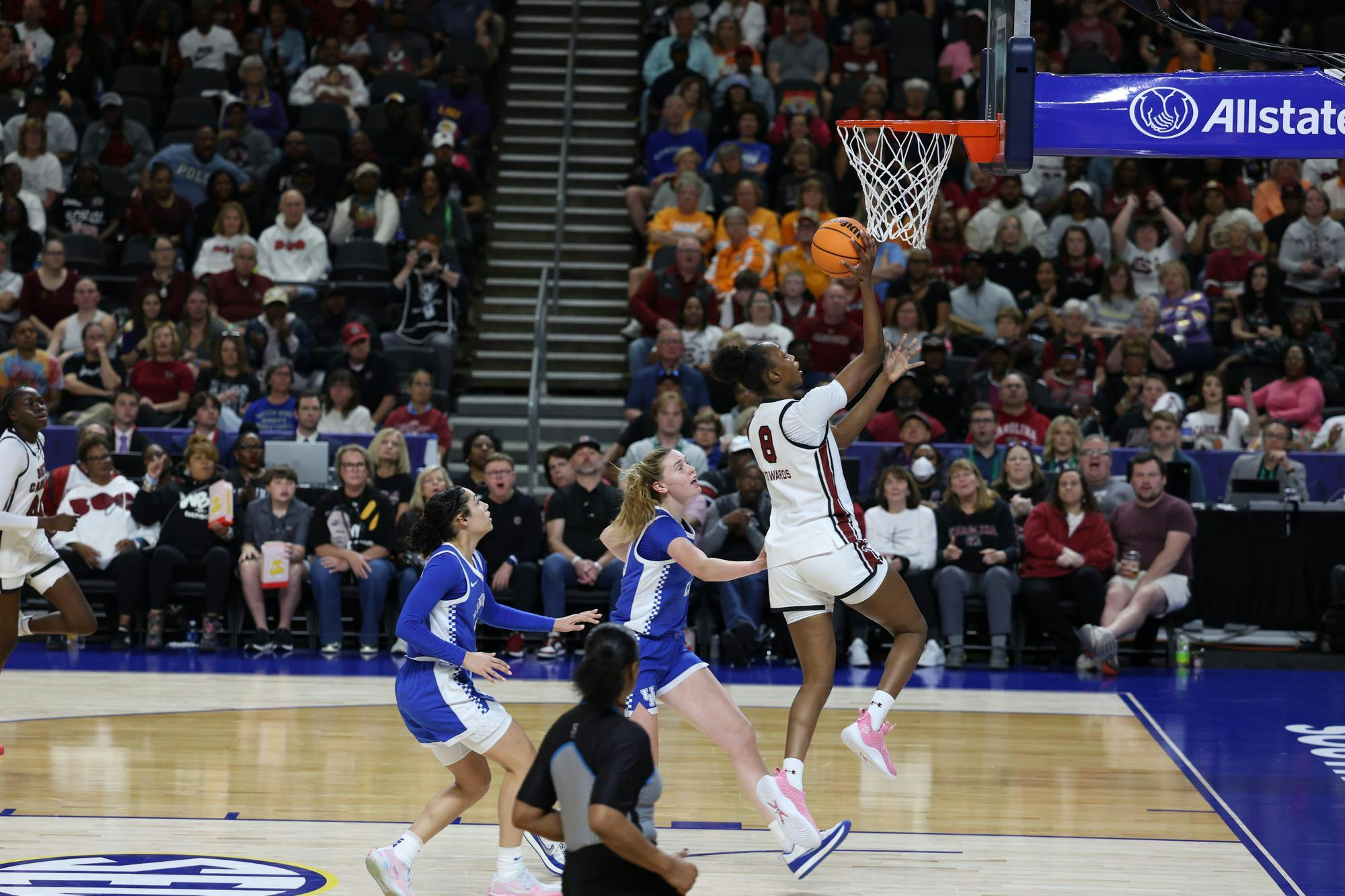 Sophomore forward Joyce Edwards lays up the ball on a fast break against Kentucky during the 2026 SEC Tournament at Bon Secours Wellness Arena. The Gamecocks are now 1-0 in the tournament.