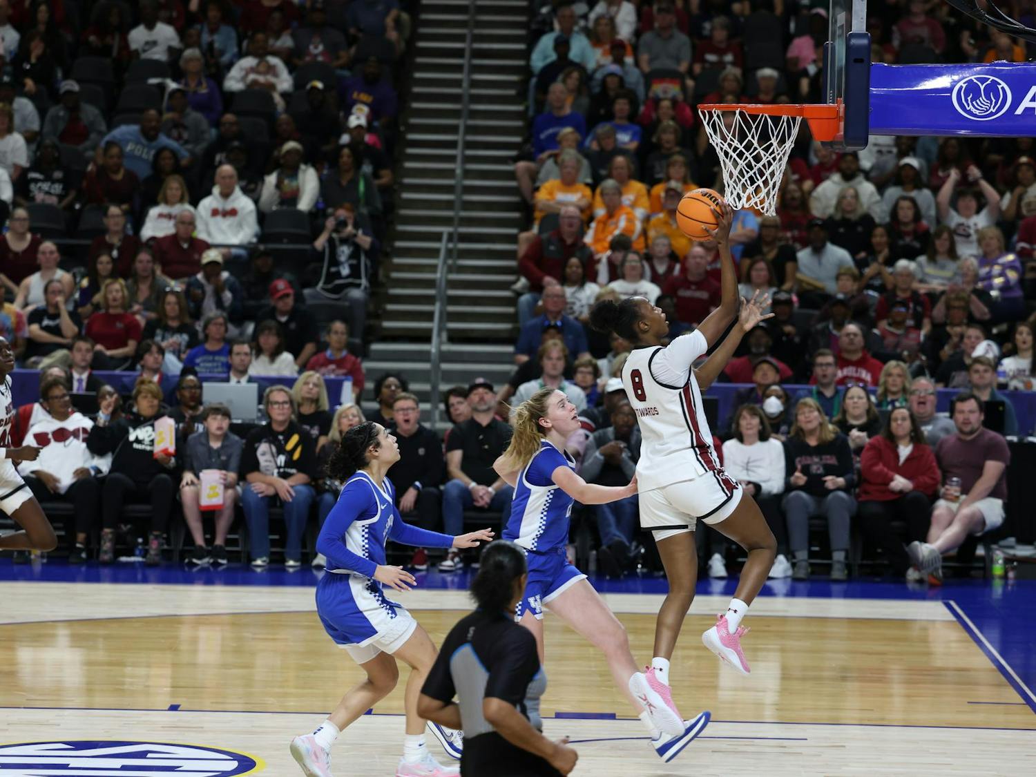 Sophomore forward Joyce Edwards lays up the ball on a fast break against Kentucky during the 2026 SEC Tournament at Bon Secours Wellness Arena. The Gamecocks are now 1-0 in the tournament.