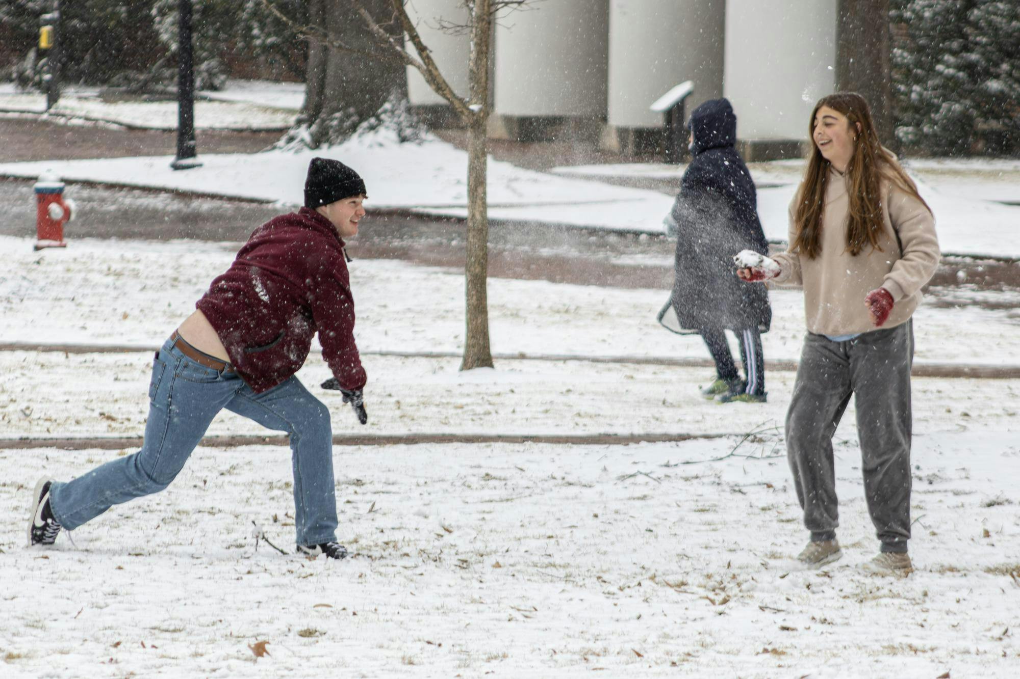 USC students enjoy the winter storm by having a snowball fight on the Horseshoe on Jan. 31, 2026. An estimated 2-3 inches of snow accumulated, which was a surprise for the Columbia area.