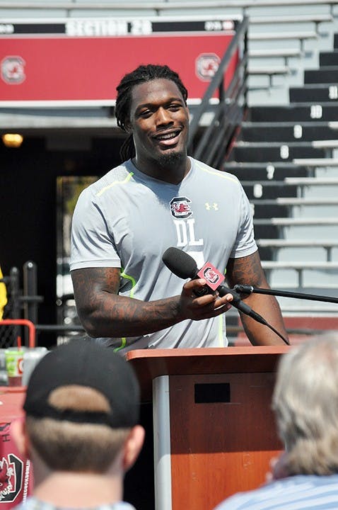 	Potential No. 1 overall pick Jadeveon Clowney addresses media members at South Carolina&#8217;s annual Pro Timing Day. 