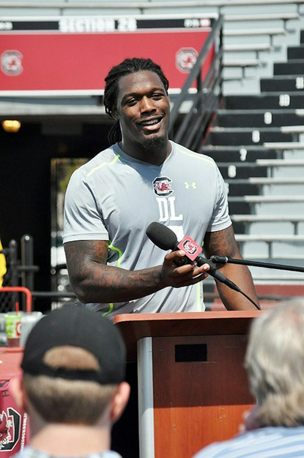 	<p>Potential No. 1 overall pick Jadeveon Clowney addresses media members at South Carolina&#8217;s annual Pro Timing Day. </p>
