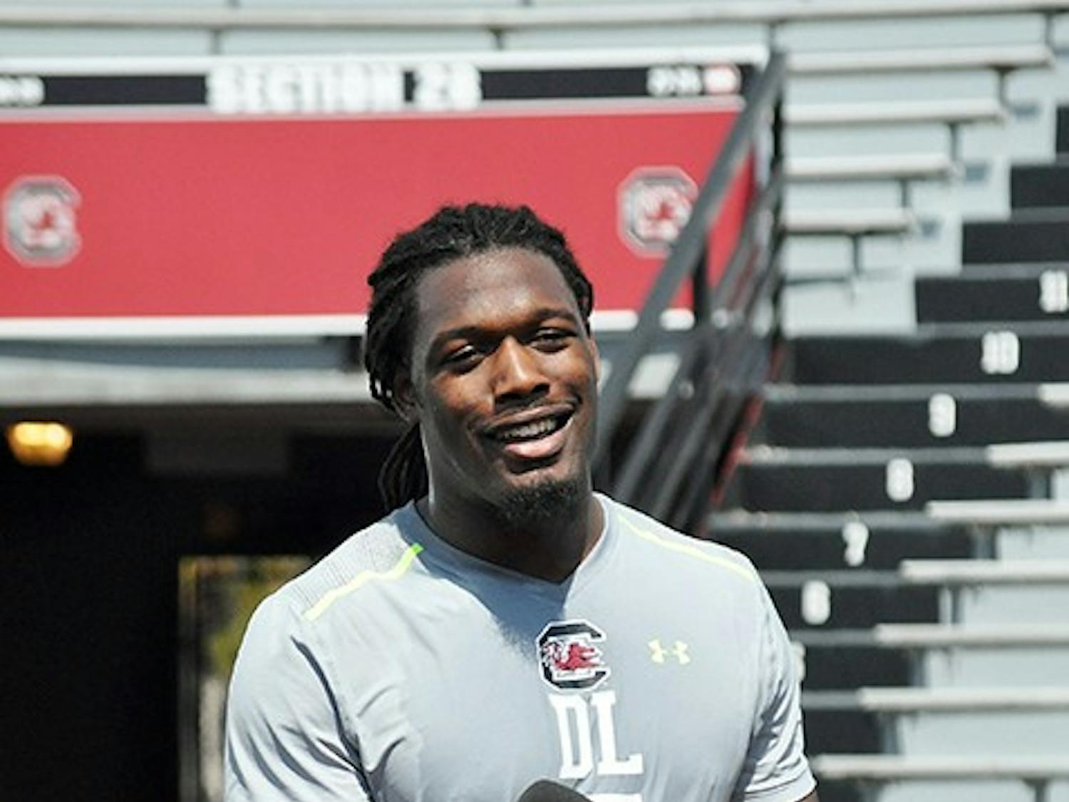 	Potential No. 1 overall pick Jadeveon Clowney addresses media members at South Carolina&#8217;s annual Pro Timing Day. 