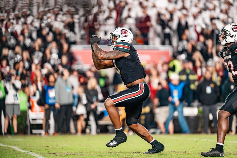 <p>FILE — Then fifth-year edge Kyle Kennard celebrates after a touchdown during South Carolina's matchup against the Mizzou Tigers on Nov. 16, 2025 at Williams-Brice Stadium. Kennard was selected as the 125th pick of the NFL Draft by the Los Angeles Chargers.</p>