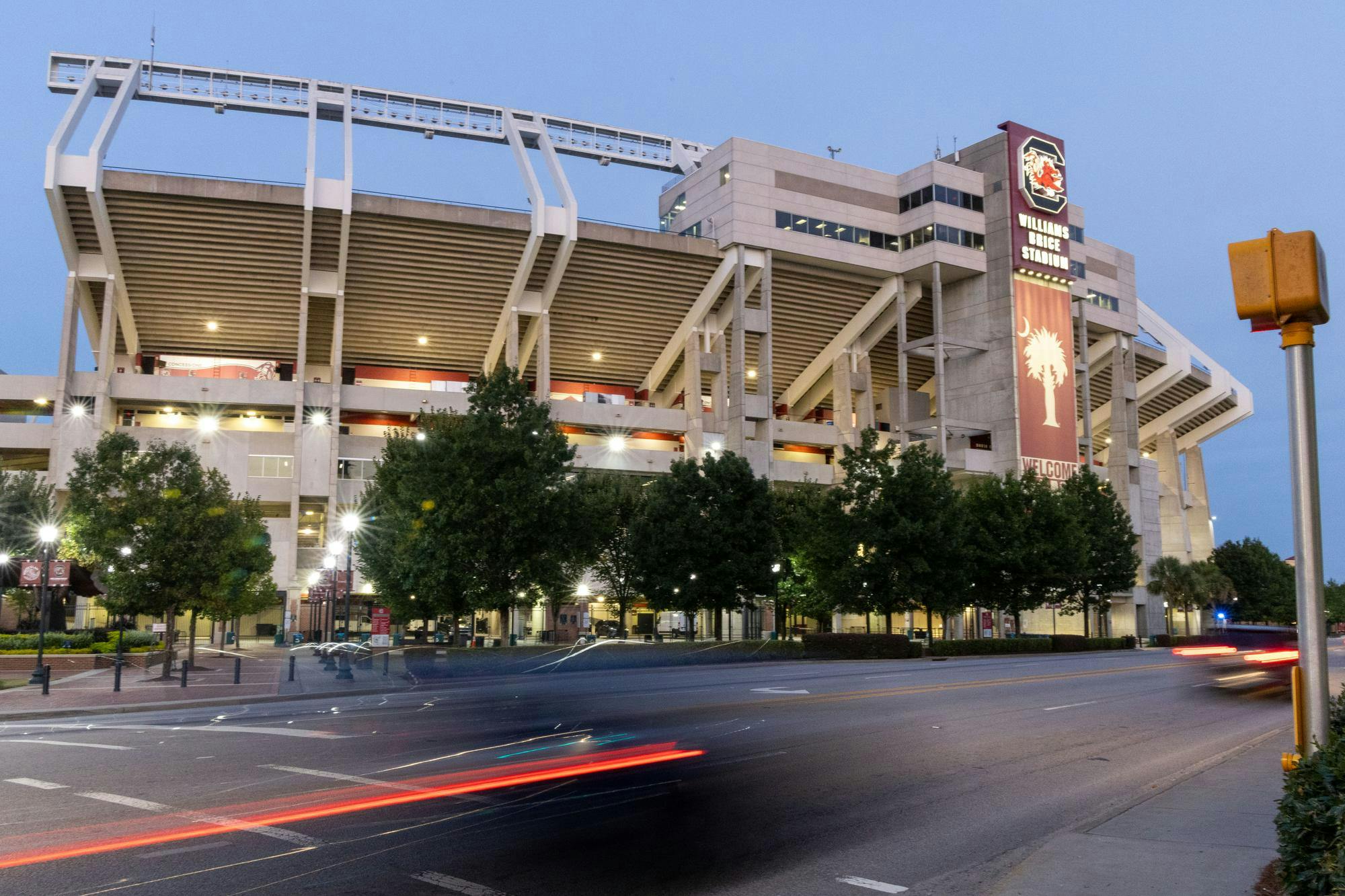 The outside of Williams-Brice Stadium with cars passing by on Sept. 9, 2024. During the last game, Student Government gave out free water bottles and offered Uber discounts.