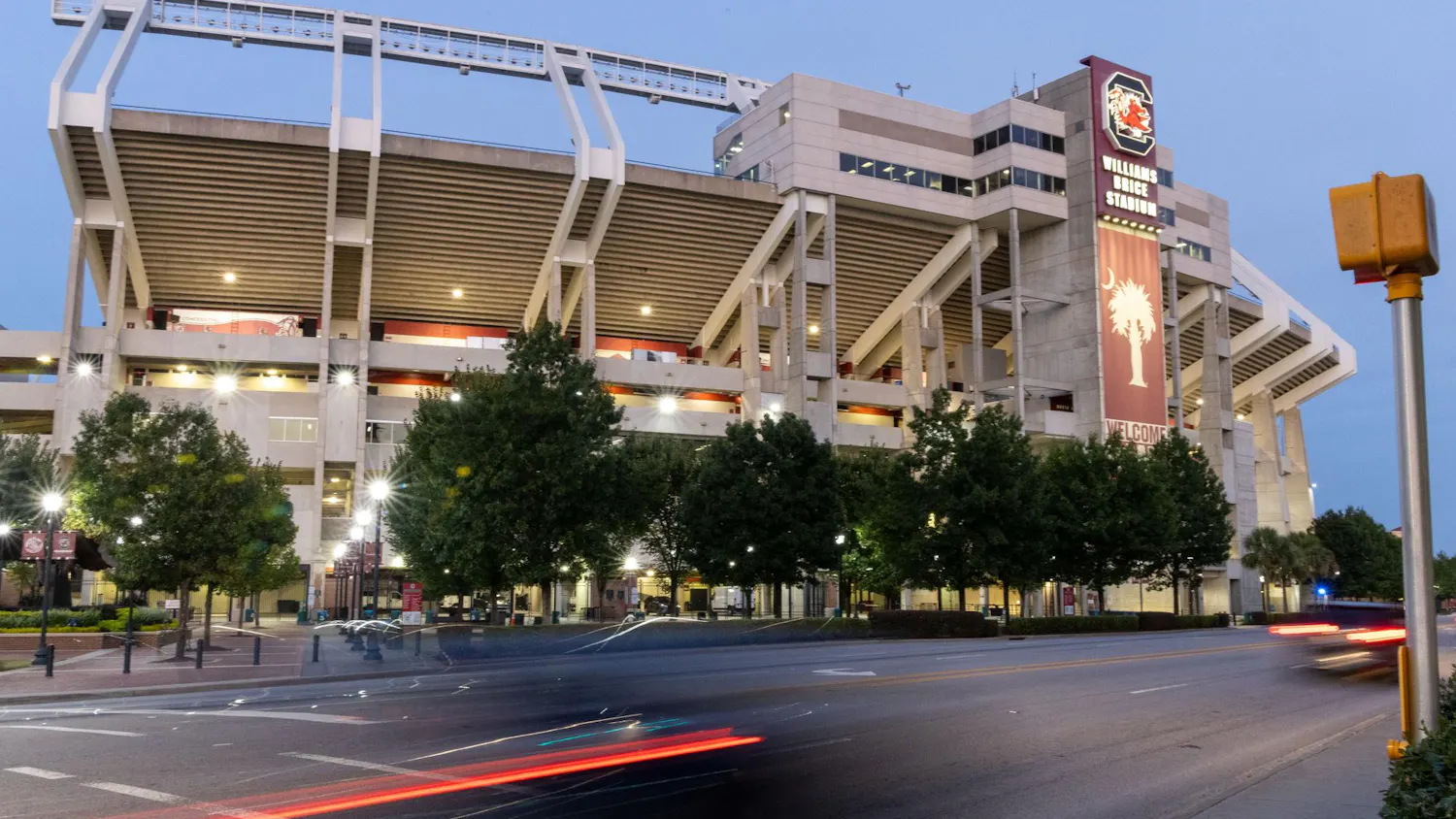 The outside of Williams-Brice Stadium with cars passing by on Sept. 9, 2024. During the last game, Student Government gave out free water bottles and offered Uber discounts.