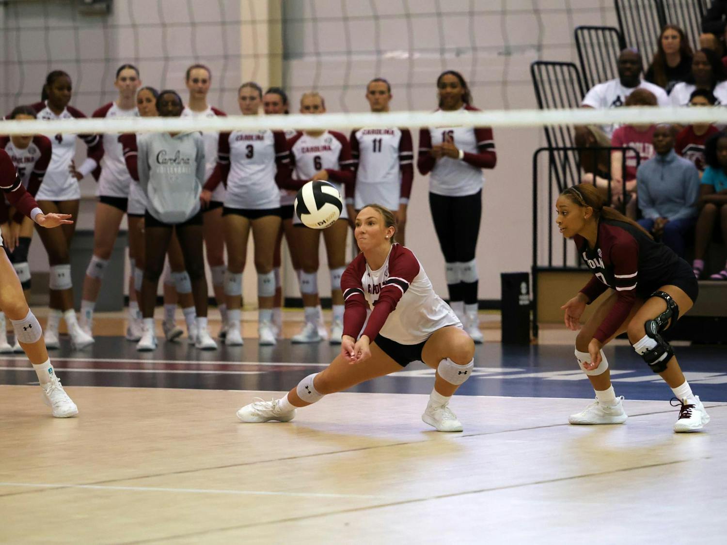 Sophomore defensive specialist Elizabeth McElveen lunges to bump a ball during a game against Temple on Sept. 6, 2024. McElveen played three sets for the Gamecocks, scoring 2 points.