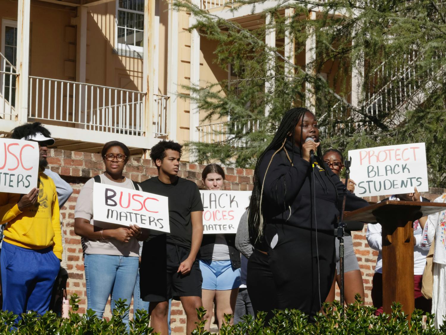 A protestor speaks out on institutional racism against Black students at the University of South Carolina on Jan. 20, 2023. The protest was organized by Courtney McClain, a fourth-year broadcast student and the president of the SC NAACP Y&amp;C Division at the University of South Carolina.