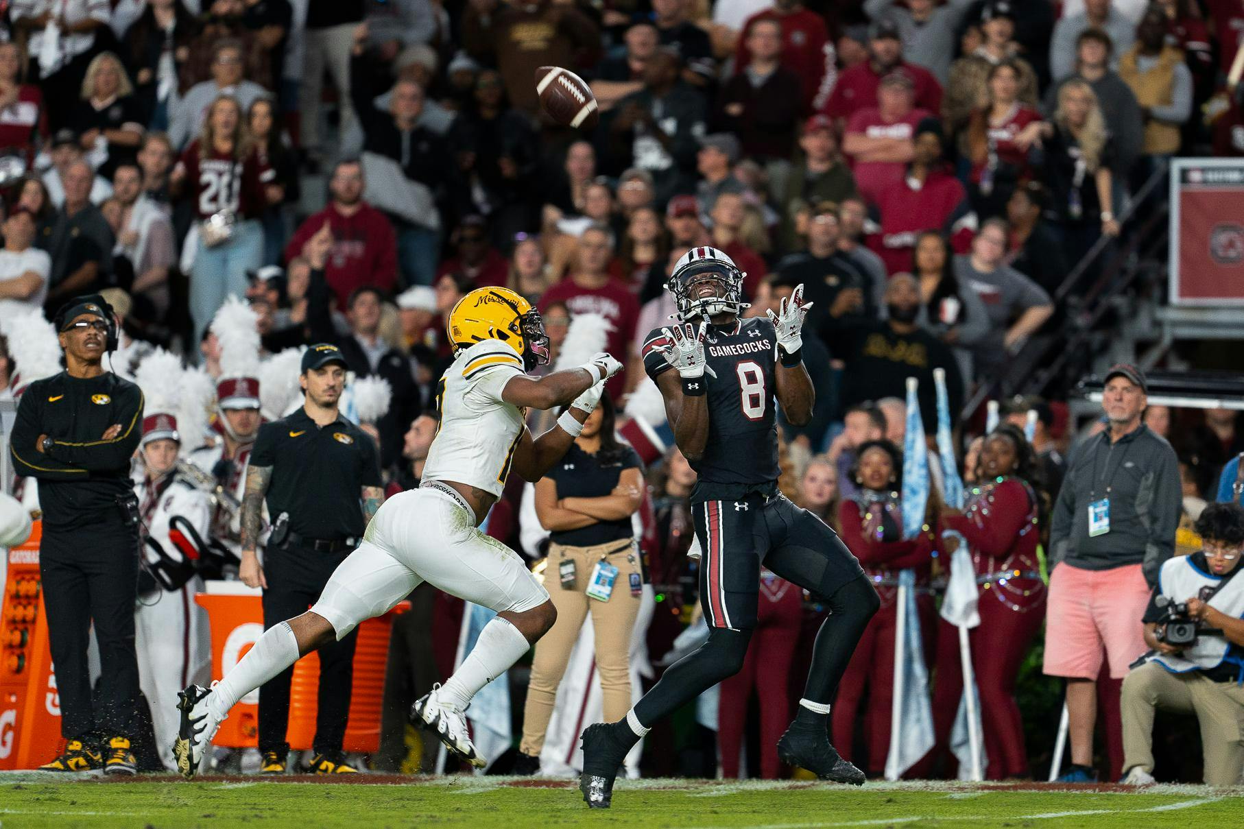 Sophomore wide receiver Nyck Harbor&nbsp;catches the ball and runs to the end zone for a touchdown in South Carolina's game against Missouri on Saturday. The Gamecocks defeated the Missouri Tigers 34-30 at Williams-Brice Stadium.