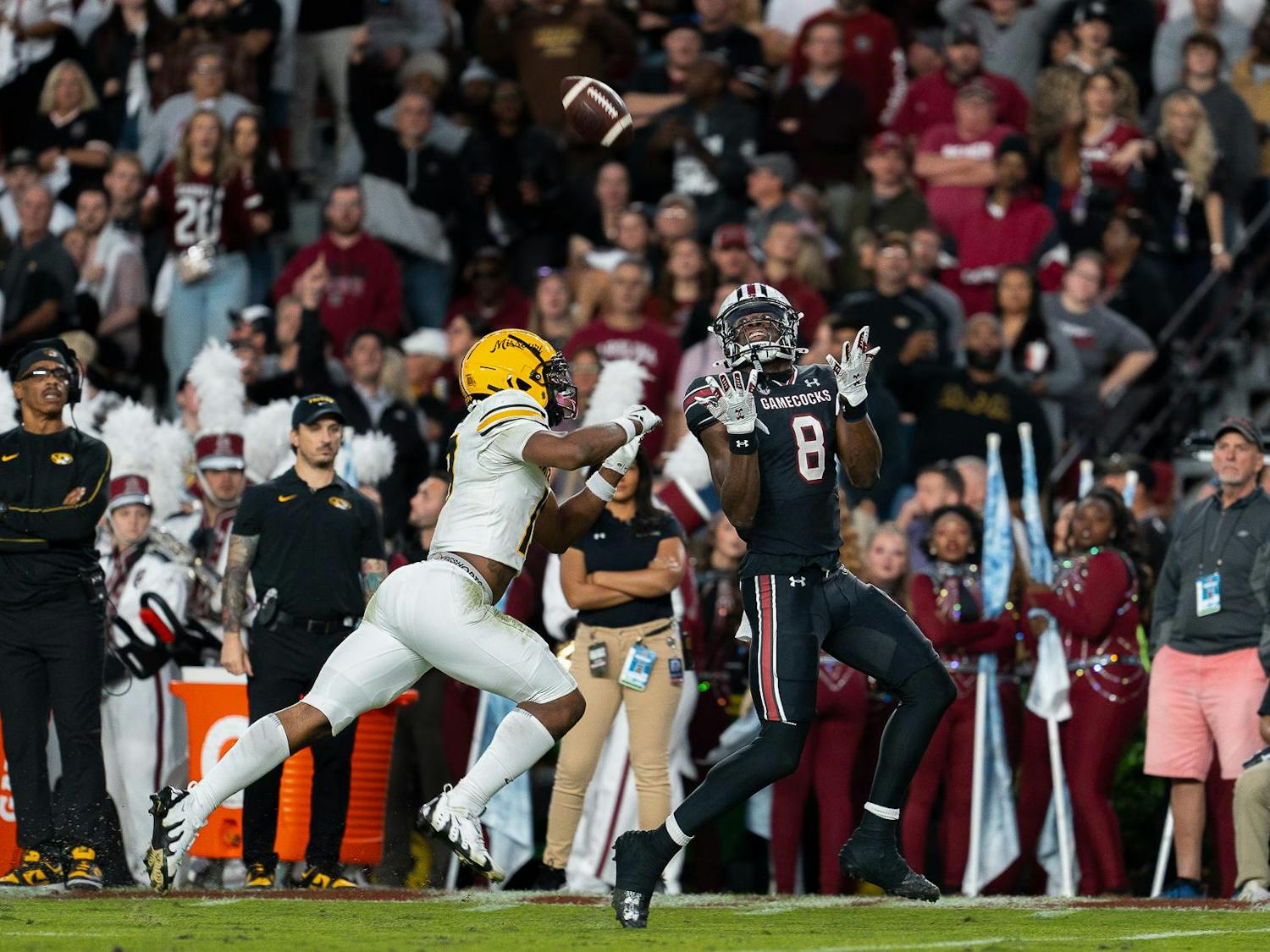 Sophomore wide receiver Nyck Harbor catches the ball and runs to the end zone for a touchdown in South Carolina's game against Missouri on Saturday. The Gamecocks defeated the Missouri Tigers 34-30 at Williams-Brice Stadium.