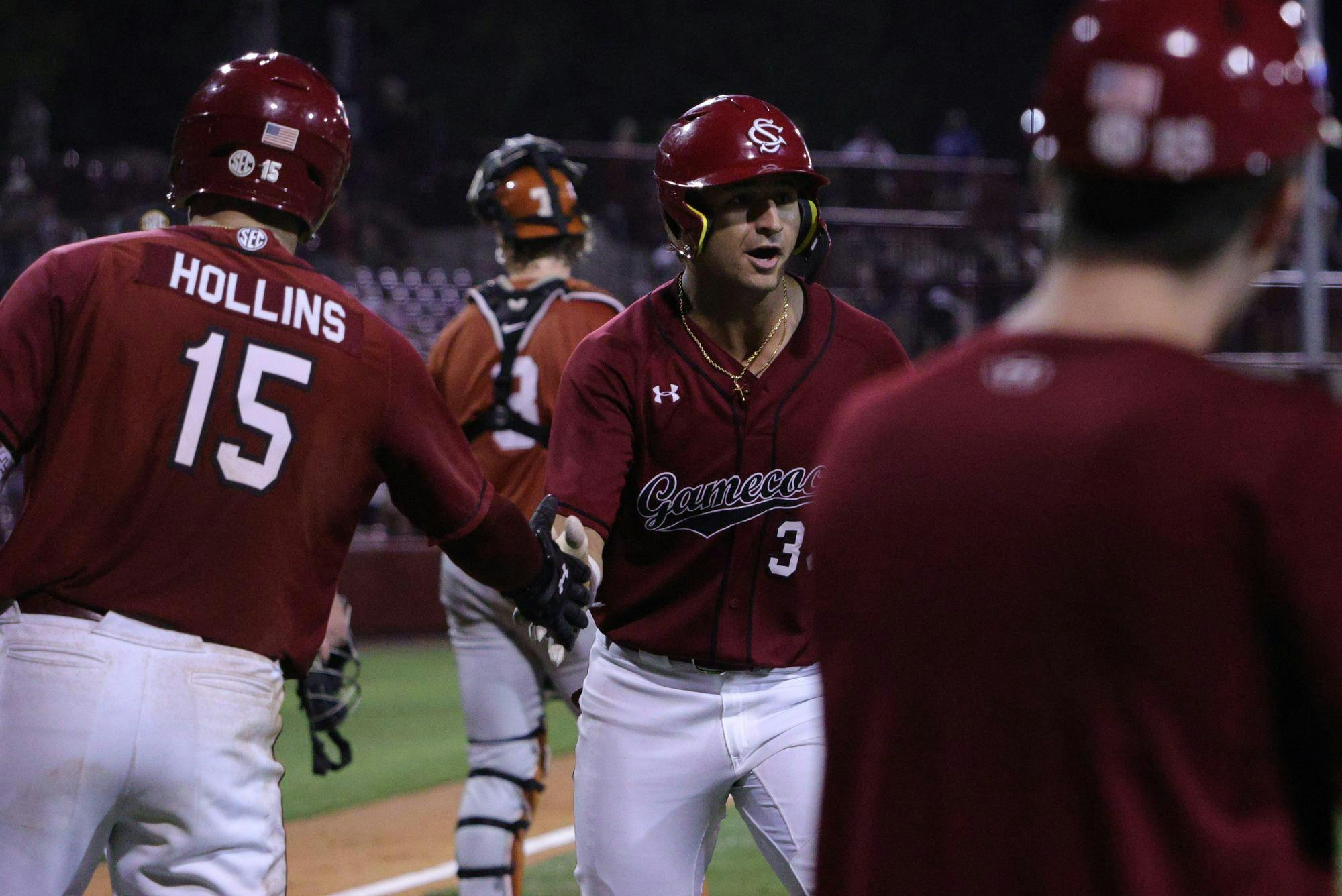 Senior outfielder Luke Yuhasz celebrates with sophomore first baseman Beau Hollins during South Carolina’s game against Texas at Founders Park on April 3, 2026. The Gamecocks achieved their first SEC sweep at Missouri this season.