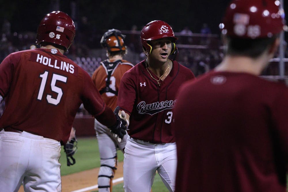 <p>Senior outfielder Luke Yuhasz celebrates with sophomore first baseman Beau Hollins during South Carolina’s game against Texas at Founders Park on April 3, 2026. The Gamecocks achieved their first SEC sweep at Missouri this season.</p>