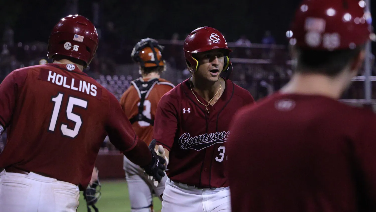 Senior outfielder Luke Yuhasz celebrates with sophomore first baseman Beau Hollins during South Carolina’s game against Texas at Founders Park on April 3, 2026. The Gamecocks achieved their first SEC sweep at Missouri this season.