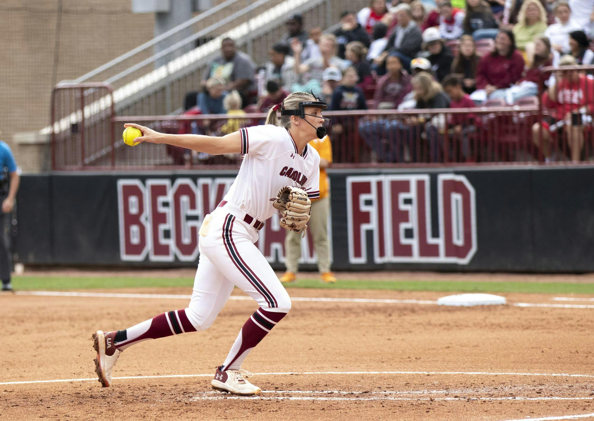 FILE- Sophomore pitcher Jori Heard pitches a ball during South Carolina’s game against Tennessee on March 23, 2024. Heard pitched five innings in the Gamecocks' 6-0 victory over Charleston Southern on March 27, 2024.