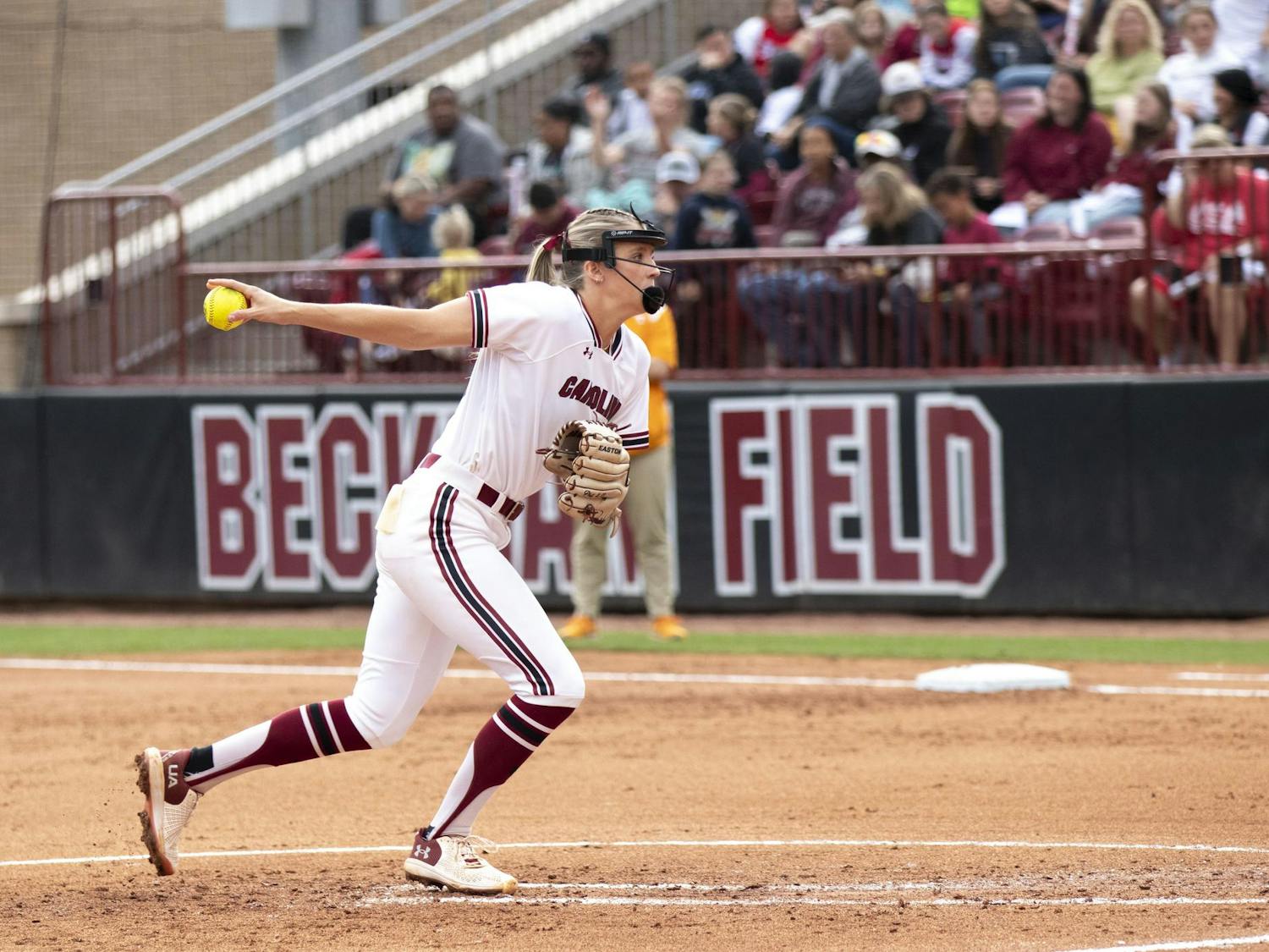 FILE- Sophomore pitcher Jori Heard pitches a ball during South Carolina’s game against Tennessee on March 23, 2024. Heard pitched five innings in the Gamecocks' 6-0 victory over Charleston Southern on March 27, 2024.