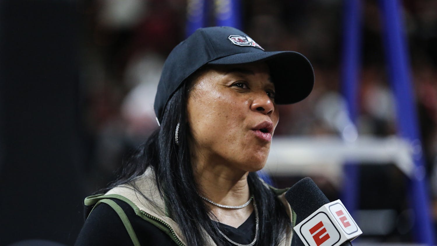 Gamecock women's head basketball coach Dawn Staley speaks with the press after winning the NCAA Regional Championship on March 27, 2023. The Gamecocks defeated the Terrapins 86-75.