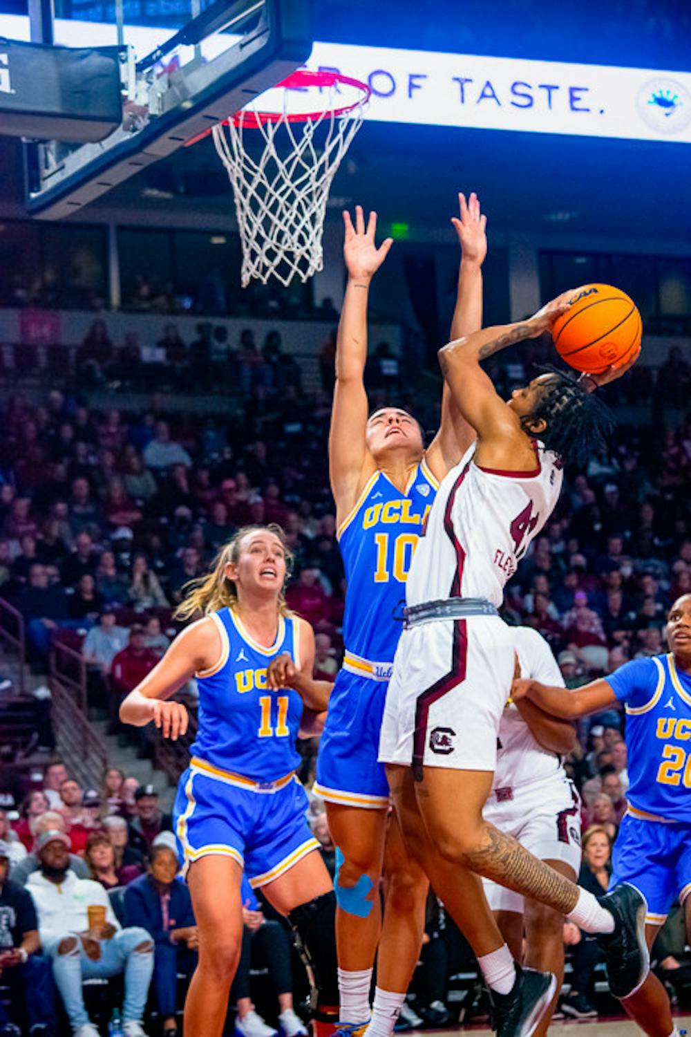 Graduate guard Kierra Fletcher attempts a layup during the matchup against UCLA on Nov. 29, 2022. Fletcher scored twelve points for the Gamecocks in the second half of the match. The Gamecocks beat the Bruins 73-64.