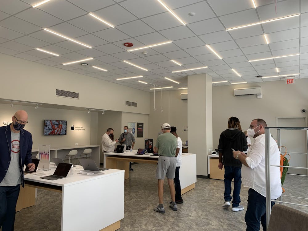<h5>The interior of the iHub Apple store. The store offers Apple products in addition to services for those products.</h5>