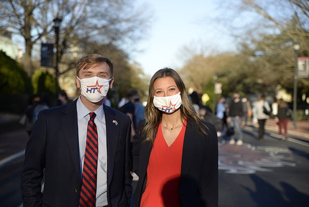 <p>&nbsp;Alex Harrell and Kate Turner on Greene Street after being announced the new student body president and student body treasurer.&nbsp;</p>