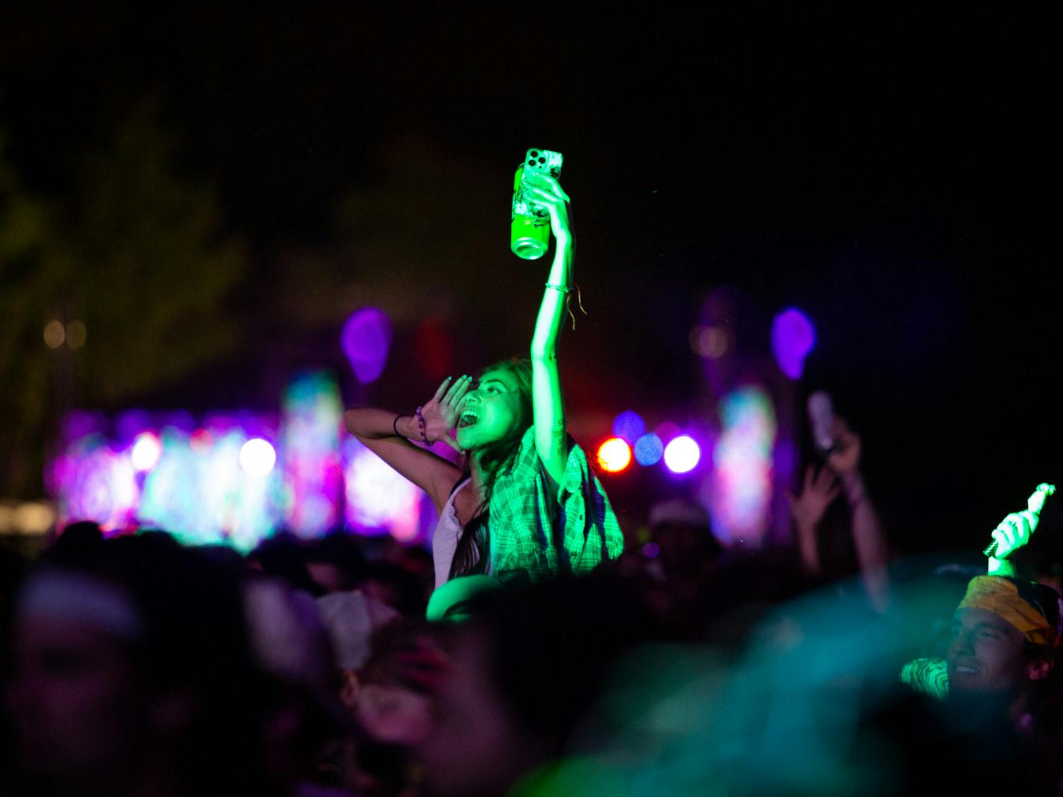 A fan shouts and sings along to one of Steve Aoki’s singles during his set at Hidden City Music Festival on April 22, 2023, at Columbia Historic Speedway. Aoki was the primary headliner to the festival along with NGHTMRE and Champagne Drip.&nbsp;