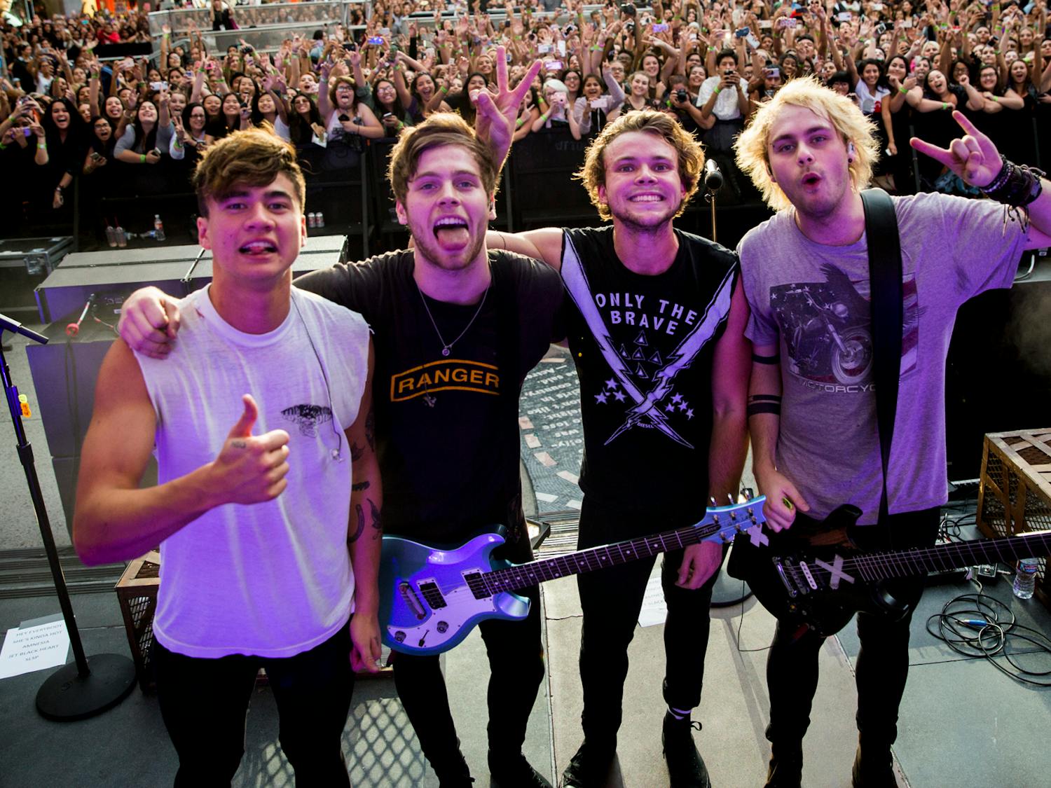 Australian pop band 5 Seconds of Summer members, from left, Calum Hood, Luke Hemmings, Ashton Irwin and Michael Clifford, following their performance at Hollywood & Highland Center on Oct. 23, 2015, in Hollywood, California. The group released their fifth album, 5SOS5, on Sept. 23, 2022. (Jay L. Clendenin/Los Angeles Times/TNS)
