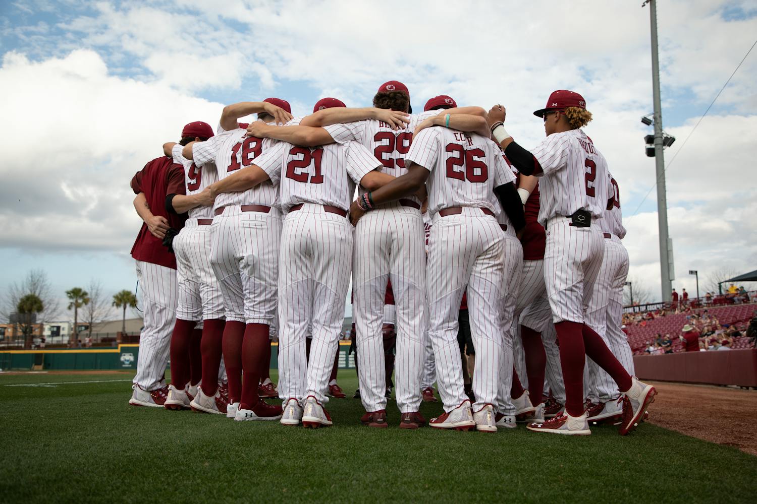 The South Carolina baseball team gathers for a pep talk before the first game of the George Washington series on Friday, Feb. 26, 2022. The Gamecocks won all three games of the series.