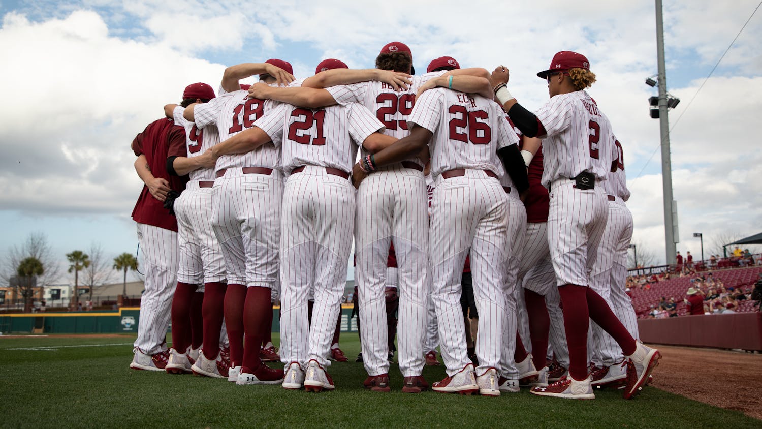 The South Carolina baseball team gathers for a pep talk before the first game of the George Washington series on Friday, Feb. 26, 2022. The Gamecocks won all three games of the series.