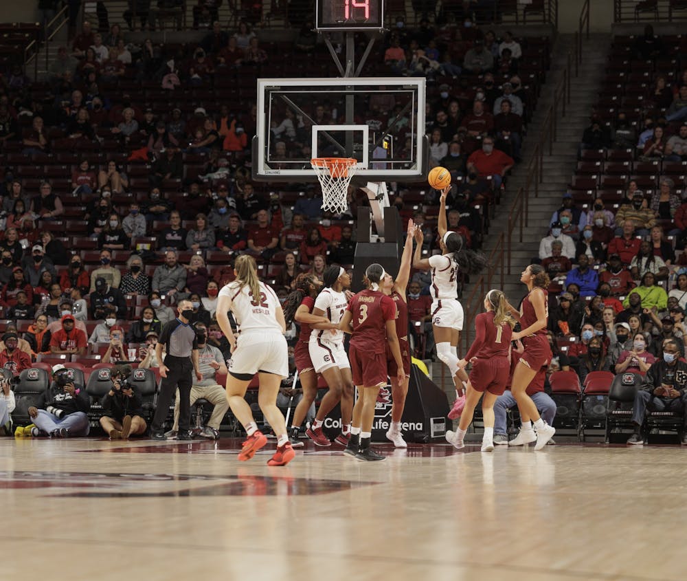<p>Freshman, Guard, Bree Hall goes for a layup against Elon. The Gamecocks won the game 79-38 against Elon on Nov. 26 at the Colonial Life Arena.&nbsp;</p>