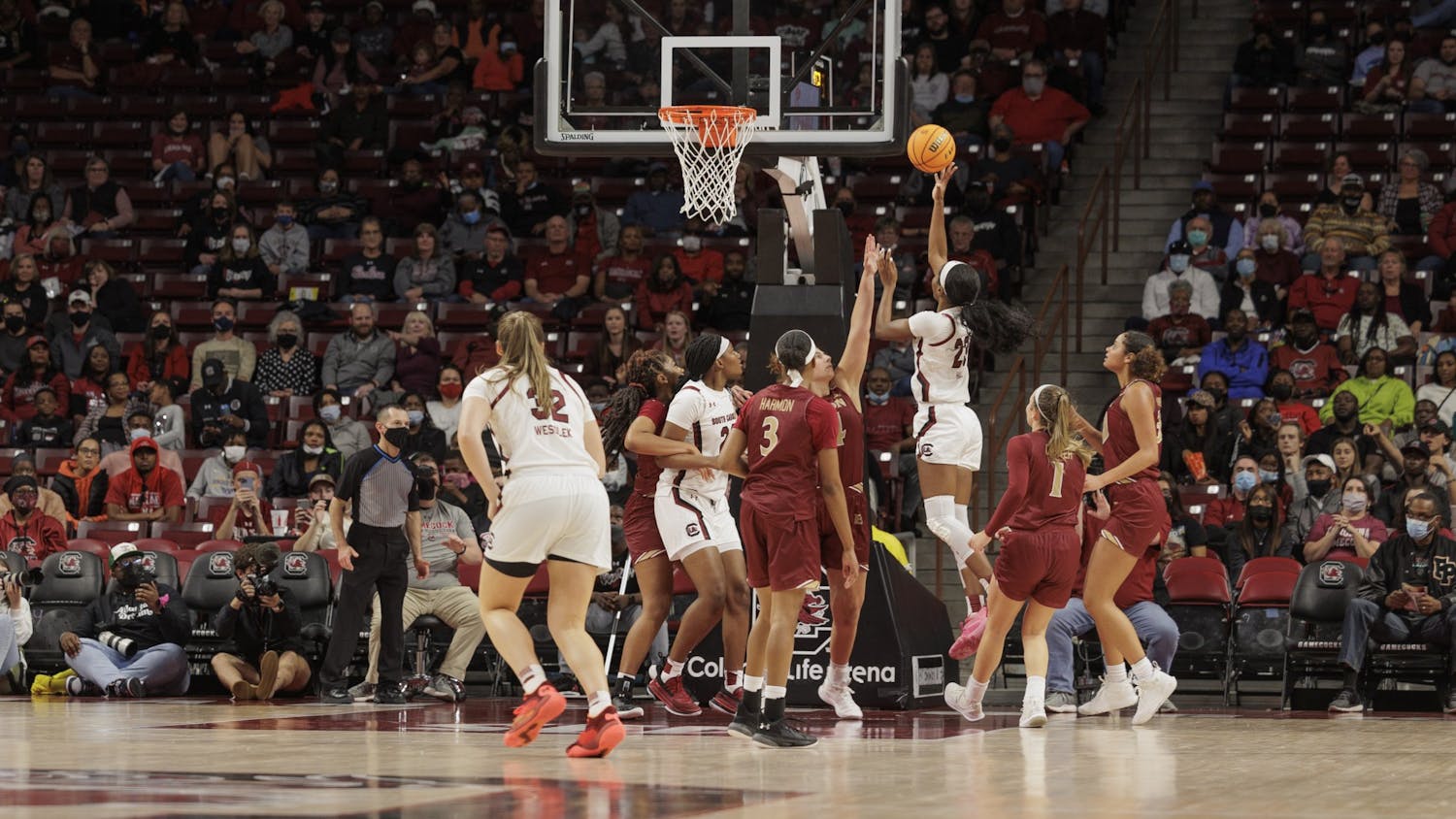 Freshman, Guard, Bree Hall goes for a layup against Elon. The Gamecocks won the game 79-38 against Elon on Nov. 26 at the Colonial Life Arena.&nbsp;