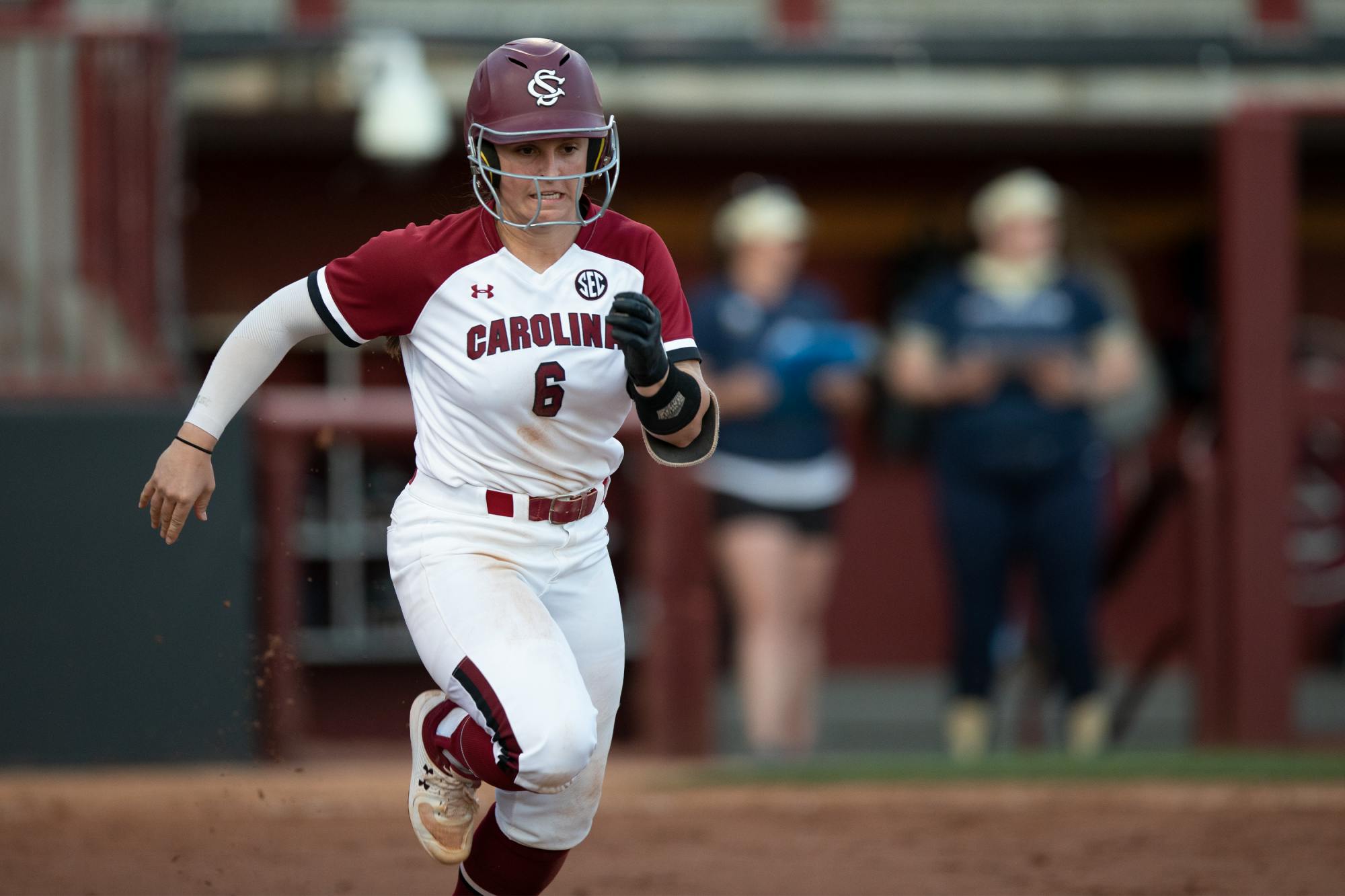 FILE— Senior catcher Jordan Fabian runs to first to beat out the ground ball where she was called safe during the Charleston Southern game in Columbia, SC. The Gamecocks beat the Buccaneers in both games on March 2, 2022. 