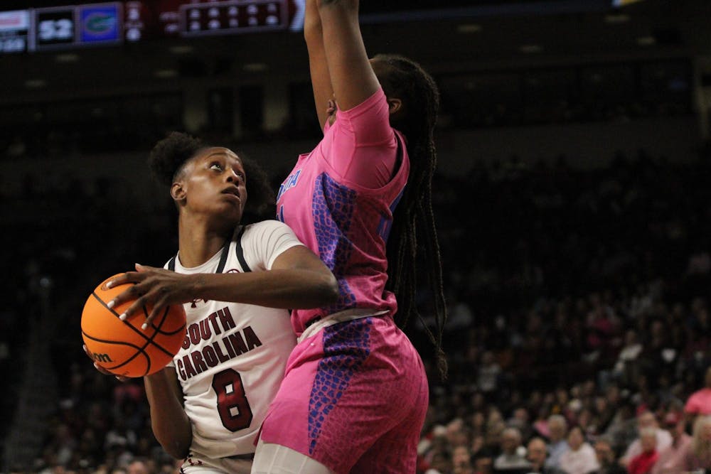 <p>Freshman forward Joyce Edwards drives in to the paint to make a basket against Florida on Feb. 13, 2025, at Colonial Life Arena. Edwards ended the game with a career-high 28 points.</p>