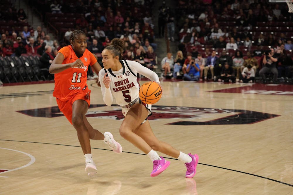 <p>Junior guard Tessa Johnson runs toward the basket during the first half of the Gamecocks’ 114-47 win over Bowling Green on Nov. 7, 2025, at Colonial Life Arena in Columbia, South Carolina. Johnson helped extend South Carolina’s early lead in the game.</p>