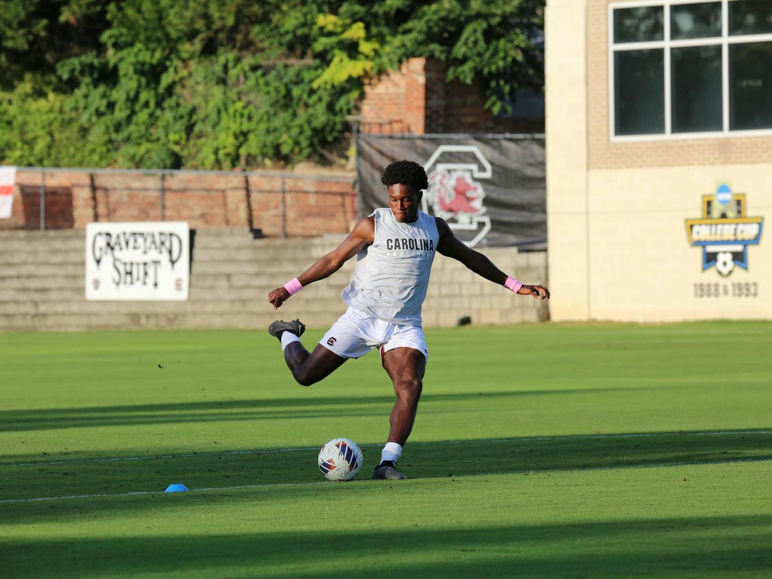 Sophomore forward Damola Salami practices his shot during warmups for the game agains the Jacksonville Dolphins on Oct. 3, 2023. Salami has played in 10 games for the Gamecocks so far this season.