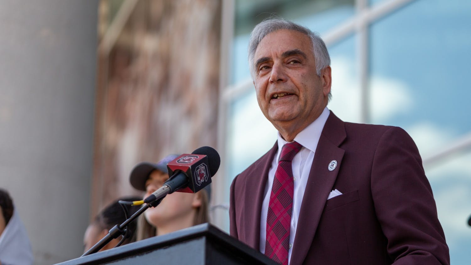 University of South Carolina interim university President Harris Pastides addresses the crowd at Colonial Life Arena on April 4, 2022. Pastides recognized the accomplishments of head coach Dawn Staley and her team.